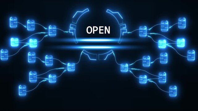 Futuristic neon network nodes connecting data blocks with glowing lines and the word O P E N in a digital circuit abstract background