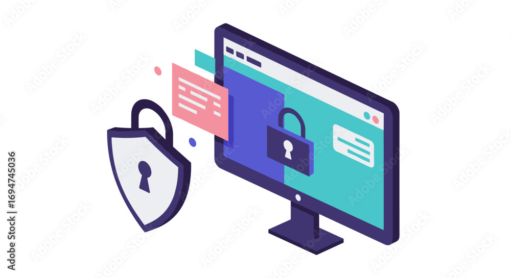 Aufkleber isometric cybersecurity concept with lock icons and computer monitor