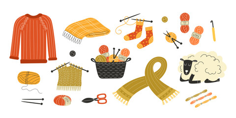 Knitting set with yarn needles sweater socks and handmade accessories collection illustration