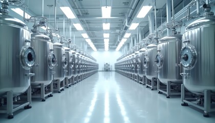 Modern biomanufacturing facility rows of stainless steel fermentation tanks. Cleanroom environment for advanced bioprocessing, promoting high productivity and innovation in biotechnology.