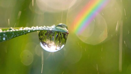 Dewdrop on Grass Blade with Rainbow and Rain