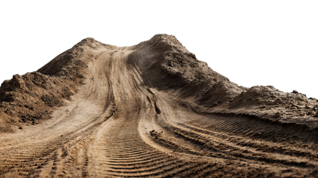 Muddy dirt road with deep tire tracks, isolated on transparent cutout background