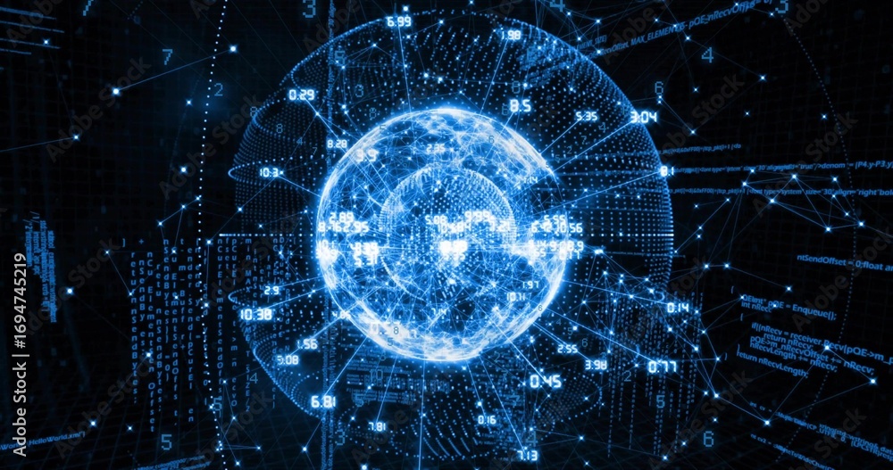 Aufkleber floating holographic globe rotating within dark grid, orbiting numeric data rings and code snippets