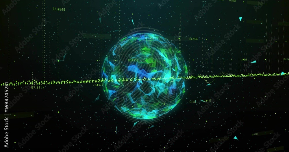 Aufkleber floating neon polygonal sphere intersecting horizontal dataflow in cyberspace with numeric labels