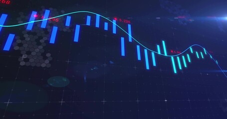 Cyan trend line tracing market fluctuations in dashboard, with neon bars, red labels, hex grid