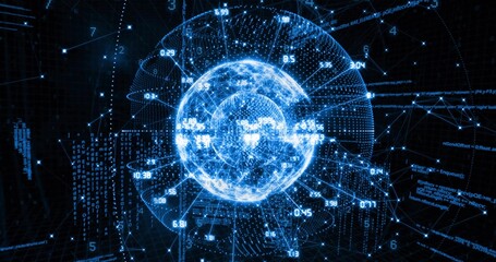 Floating holographic globe rotating within dark grid, orbiting numeric data rings and code snippets