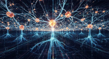 Bright glowing structures with intricate branches and energy nodes emerge from a digital grid The dark environment is filled with interconnected lines and subtle binary code elements