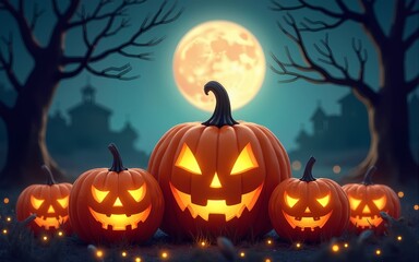 Spooky halloween night with pumpkins. Poster. High quality