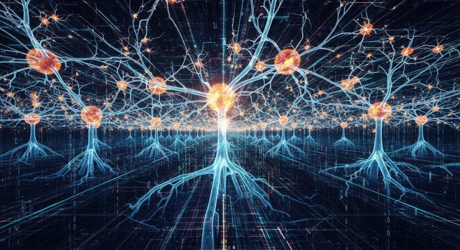 Bright glowing structures with intricate branches and energy nodes emerge from a digital grid The dark environment is filled with interconnected lines and subtle binary code elements