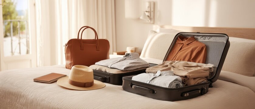 The Suitcase Packed on a Sunlit Bed with Travel Essentials and Accessories