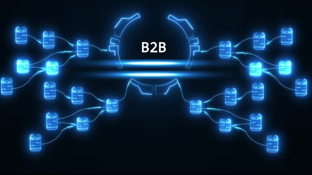 B2 B business network connection abstract technology concept digital data flow glowing blue neon lines connecting nodes on dark background