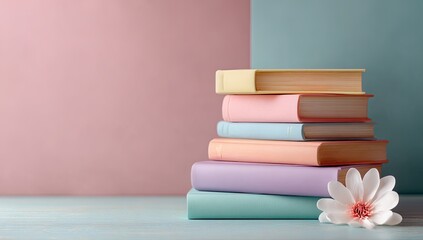 Pastel-colored books stack on a wooden surface with a delicate flower