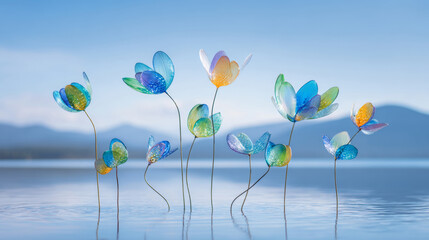 Stained glass flowers on the water