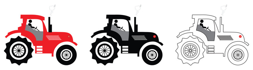 Colorful tractor silhouette icons with driver illustration.