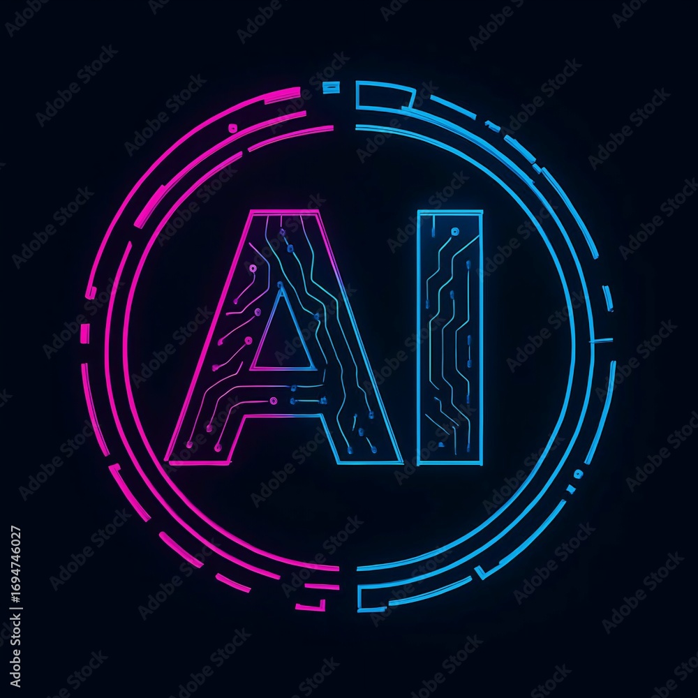 Poster abstract ai logo with circuit board pattern inside letters and glowing circular frame