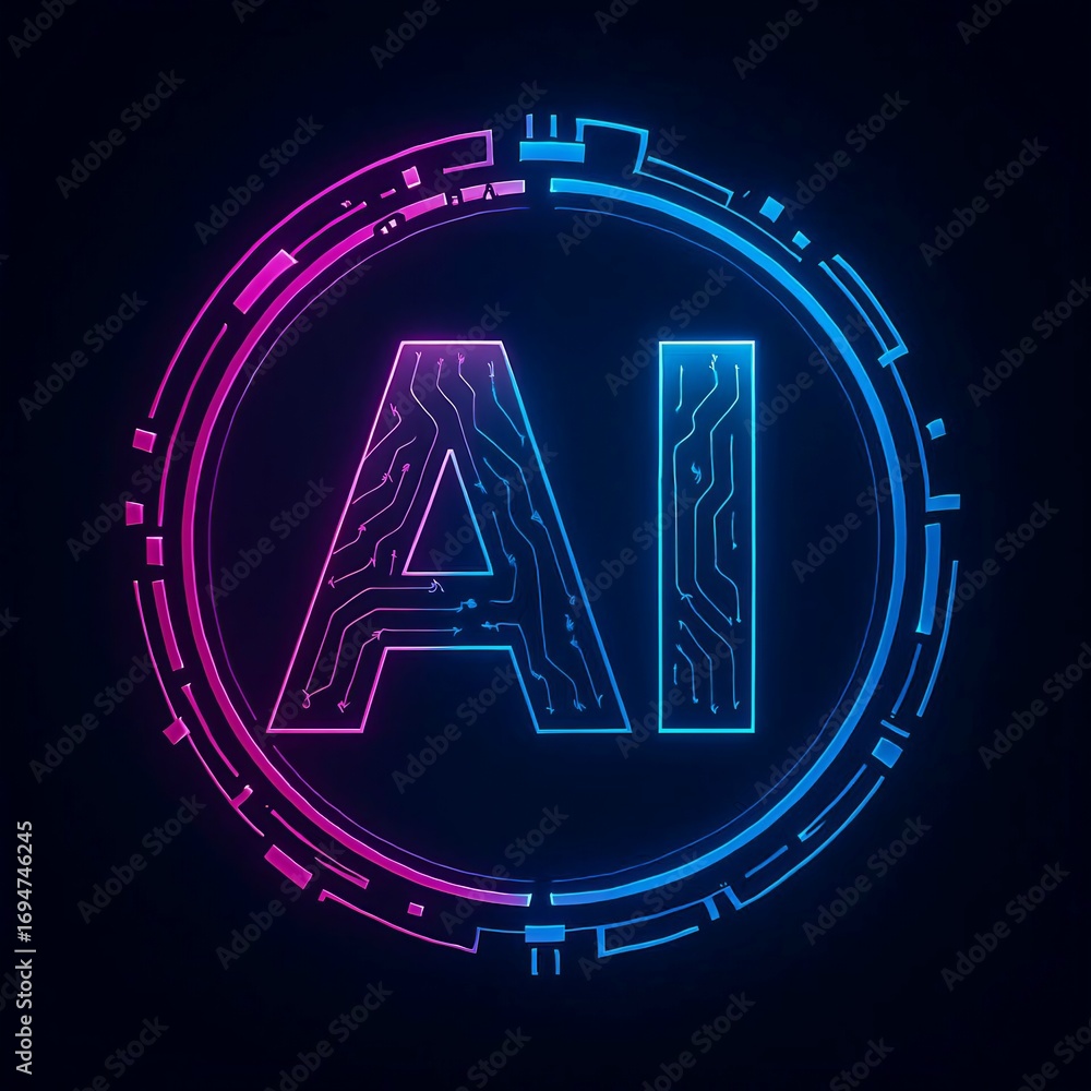 Poster futuristic ai logo with glowing neon circuits inside a circular frame on a dark background