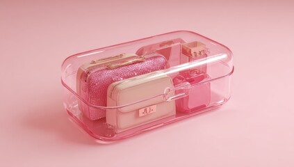 Transparent pink box with pink and beige purses and perfume