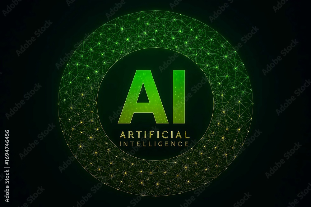 Poster glowing green ai artificial intelligence symbol with digital network pattern background
