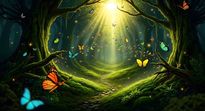 Enchanted forest path bathed in sunlight with numerous butterflies