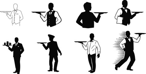 Waiter Silhouettes in Eight Stylized Poses with Trays, Teapots, and Motion Effects for Hospitality and Design Content