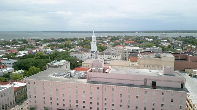 Charleston South Carolina aerial drone shot of the city during the day.