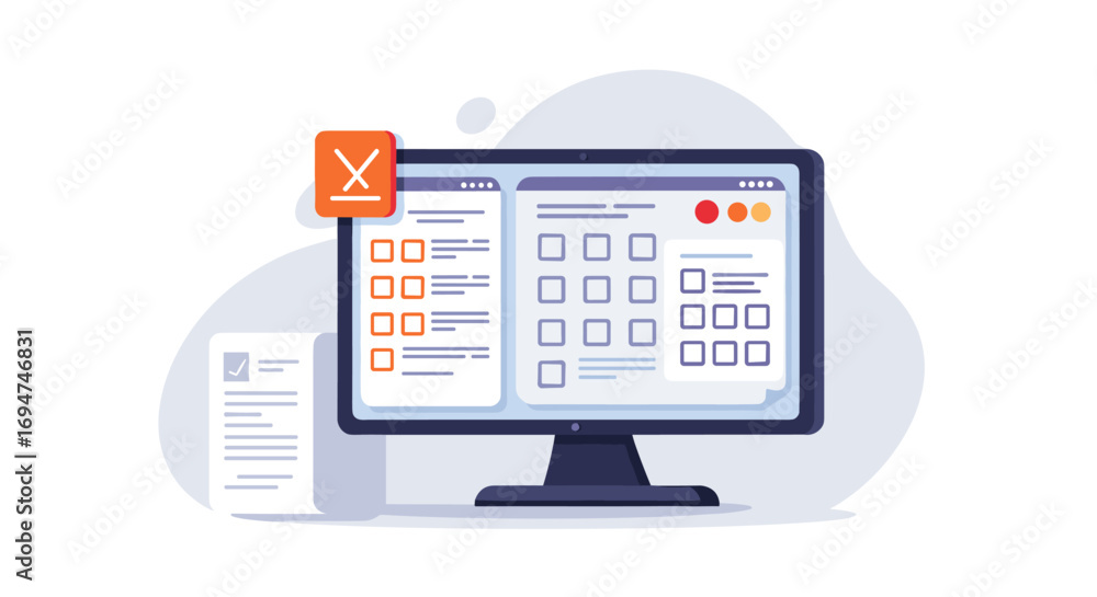 Poster modern flat design dashboard with checklists and icons on computer screen