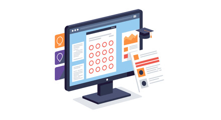 Online learning and education concept with computer and academic icons