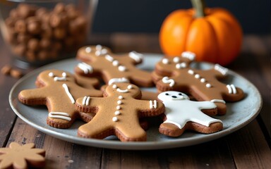 Halloween gingerbread cookies in plate on wooden table. High quality