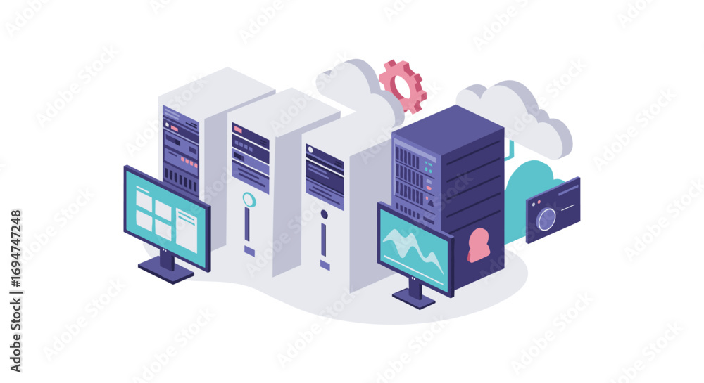 Aufkleber isometric data center with servers and cloud elements in modern design