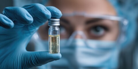 Scientist examines small vial in lab