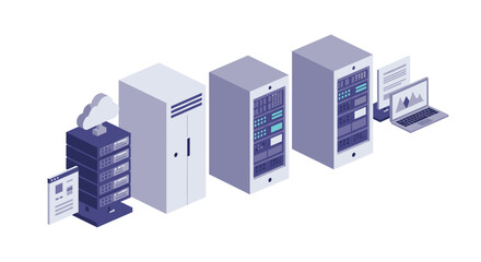 Modern isometric data center with cloud and computing equipment design