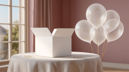 Open box and balloons on the table
