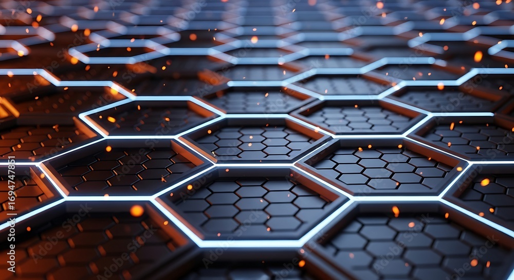 Poster futuristic hexagon grid with glowing lines and sparks: abstract technology background.