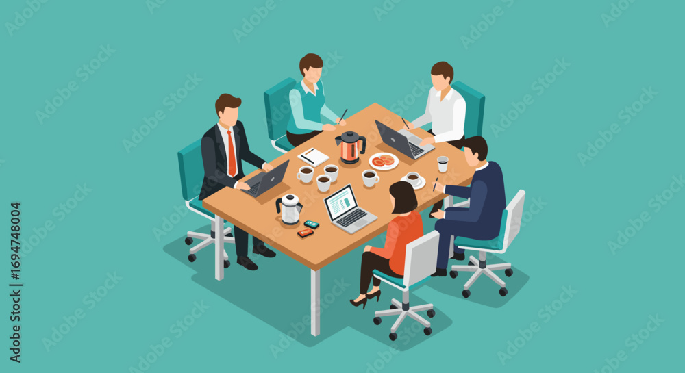 Poster collaborative office meeting with diverse team working on laptops around a modern conference table