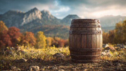 Obraz premium Wooden barrel in autumn landscape