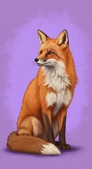 Fototapeta premium A detailed illustration of a reddish-orange fox, seated against a soft, muted purple backdrop, highlighting the animal's fur texture.