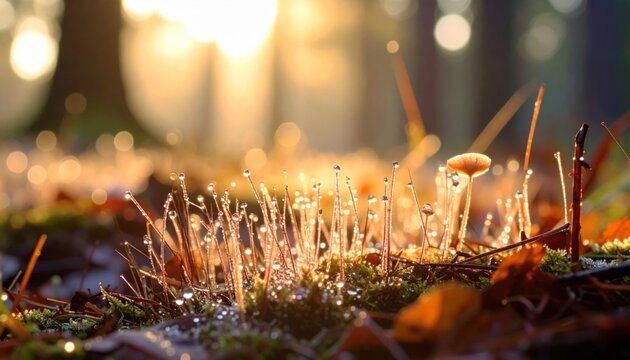 Forest Floor with Dew Drops and Mushroom in Sunlight