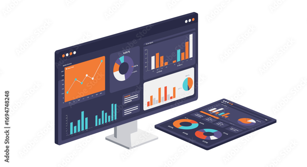 Poster modern isometric display of data analytics on computer and tablet screens with graphs and charts