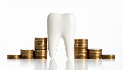 A realistic tooth with piles of coins in front of it, symbolizing dental costs and financial matters