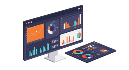 Modern isometric display of data analytics on computer and tablet screens with graphs and charts
