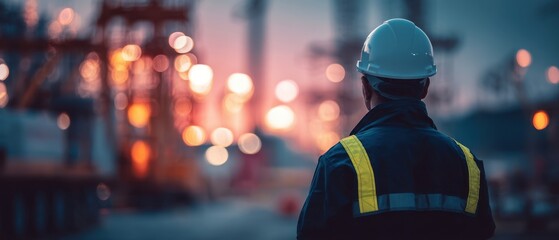 The industrial worker in safety helmet observing blurred oil refinery lights at dusk