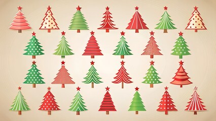 A collection of various stylized christmas trees with different patterns and colors, set against a textured background