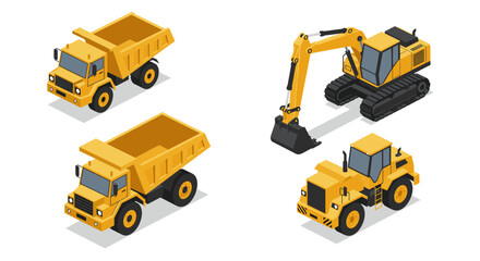 Isometric yellow construction vehicles set: dump truck, excavator, bulldozer