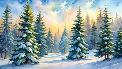 Fototapeta premium A serene winter forest scene with snowcovered pine trees bathed in the warm glow of sunrise or sunset light