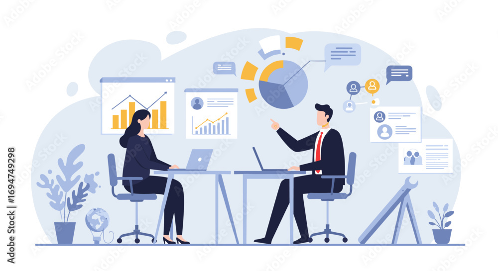 Poster office meeting concept with business professionals analyzing data and discussing strategies