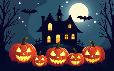 Jack-o-lanterns in front of haunted halloween house with bats and moon on the sky, digital illustration. High quality