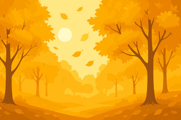 Fototapeta premium Golden Autumn Landscape. Horizontal vector banner with golden forest landscape and falling leaves, peaceful autumn scene with