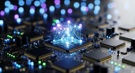 A complex network of interconnected data points hovers over a circuit board, showcasing the intricate design and technological advancements within modern computing.