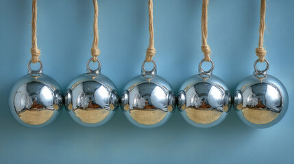 Five hanging silver spheres
