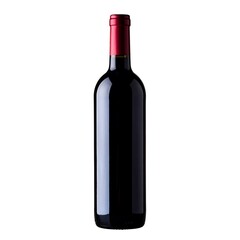 Full shot of a dark red wine bottle against a plain white background.